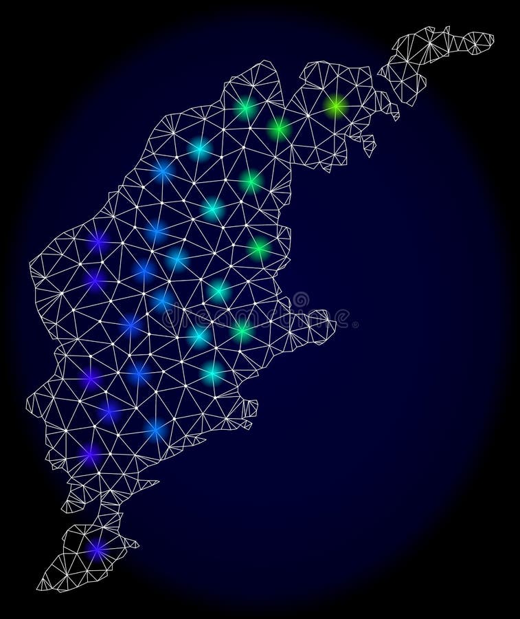 Polygonal Carcass Mesh Map of Gotland Island with Bright Light Spots stock illustration