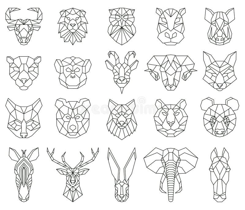 Polygonal geometric linear animal fox, deer, bear portraits. Animals heads, owl, lion, zebra and monkey triangular