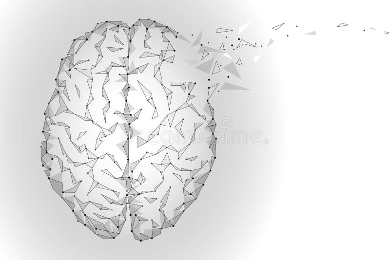 Polygonal human brain. White gray gradient connected dots mind idea concept. Futuristic design background illustration stock illustration