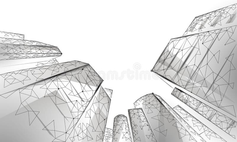 Polygonal low angle business modern glass buildings. Skyscrapers high rise reach sky city scenery. Finance banking