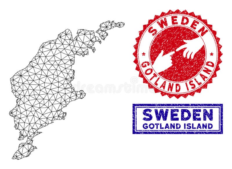 Polygonal Network Gotland Island Map and Grunge Stamps vector illustration