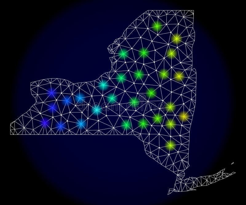 Polygonal Network Mesh Map of New York State with Bright Light Spots Stock Vector Illustration