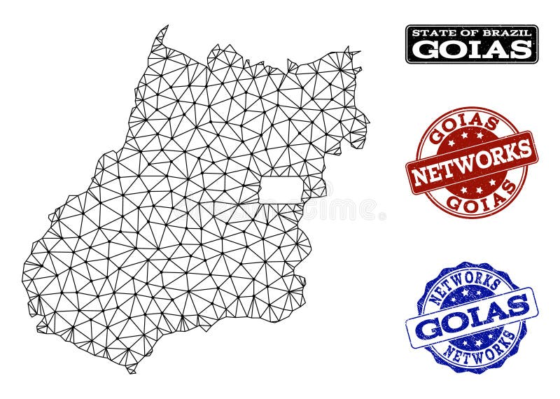 Polygonal Network Mesh Vector Map of Goias State and Network Grunge Stamps royalty free illustration