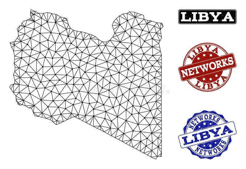 Polygonal nätverk Mesh Vector Map av Libyen och nätverksGrungestämplar vektor illustrationer Polygonal nätverk Mesh Vector Map av Libyen och nätverksGrungestämplar vektor illustrationer