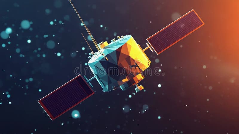 Polygonal satellite orbiting earth in outer space stock video