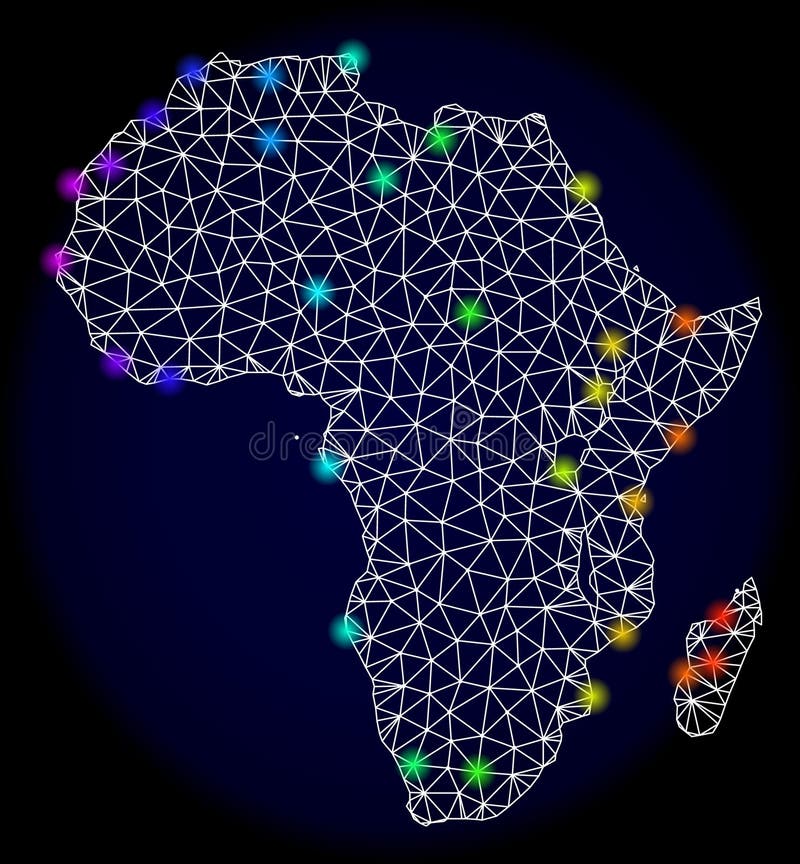 Polygonal Wire Frame Mesh Map of Africa with Bright Spectrum Light 