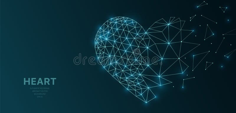 Polygonal wireframe mesh futuristic with heart, love concept sign on dark background. Vector lines, dots and triangle shapes