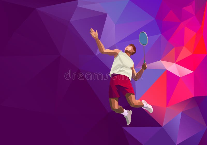 Polygonal geometric professional badminton player on colorful low poly background doing smash shot with space for flyer, poster, web, leaflet, magazine. Vector illustration. Polygonal geometric professional badminton player on colorful low poly background doing smash shot with space for flyer, poster, web, leaflet, magazine. Vector illustration