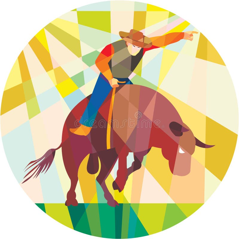 Polygone de Bull Riding Pointing de cowboy de rodéo bas illustration libre de droits Polygone de Bull Riding Pointing de cowboy de rodéo bas illustration libre de droits
