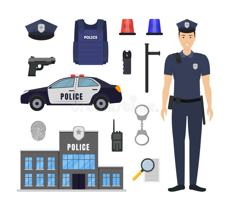 Polícia da cor dos desenhos animados e grupo do ícone dos elementos da polícia Vetor ilustração royalty free Polícia da cor dos desenhos animados e grupo do ícone dos elementos da polícia Vetor ilustração royalty free