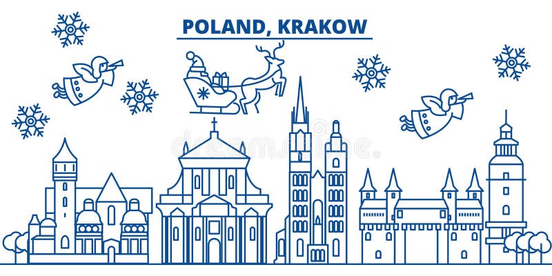 Polônia, skyline da cidade do inverno de Krakow Feliz Natal, feliz ilustração do vetor Polônia, skyline da cidade do inverno de Krakow Feliz Natal, feliz ilustração do vetor
