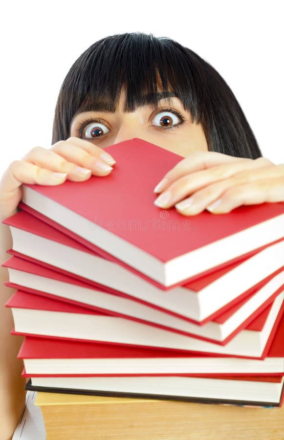 Scared girl lost between books trying to escape - part of a series. Scared girl lost between books trying to escape - part of a series.