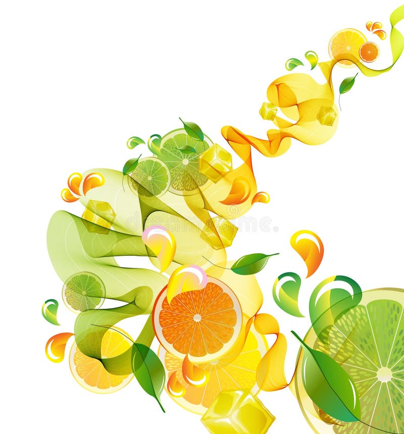 Pomarańcze i wapna soku pluśnięcie z abstraktem macha ilustracja wektor Pomarańcze i wapna soku pluśnięcie z abstraktem macha ilustracja wektor