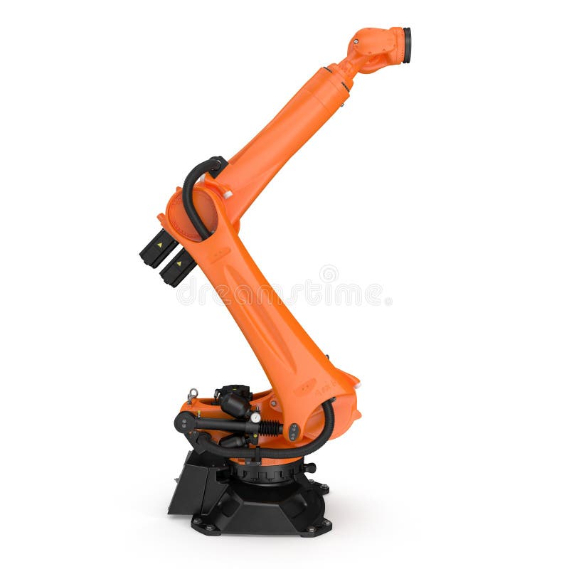 Pomarańczowa robot ręka dla przemysłu odizolowywającego na bielu Boczny widok ilustracja 3 d ilustracji Pomarańczowa robot ręka dla przemysłu odizolowywającego na bielu Boczny widok ilustracja 3 d ilustracji