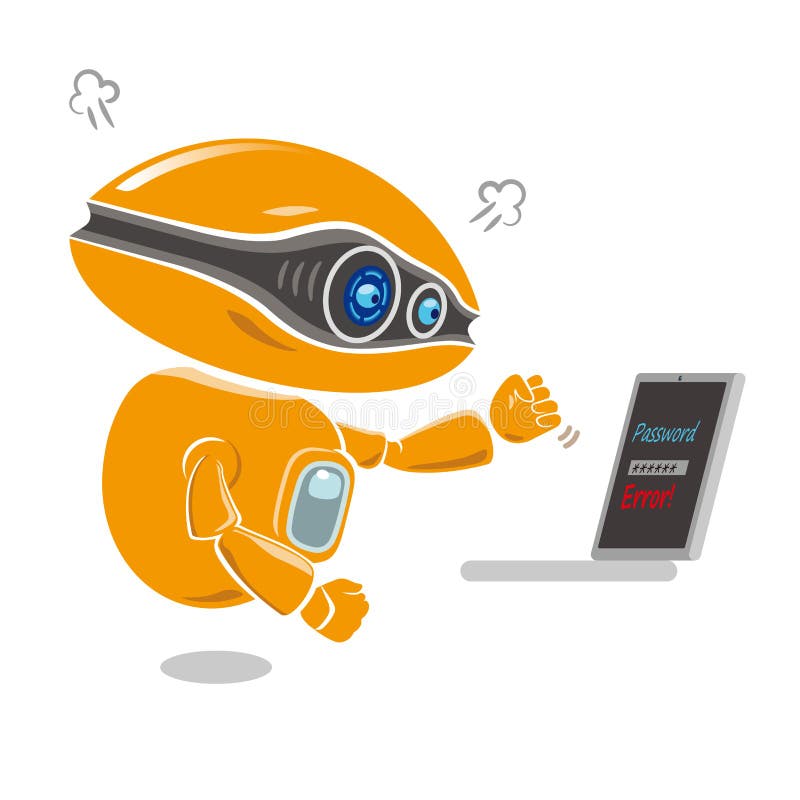Pomarańczowy robot dostaje niecierpliwym przy kłopotem błąd wiadomość na laptopu ekranie ilustracji