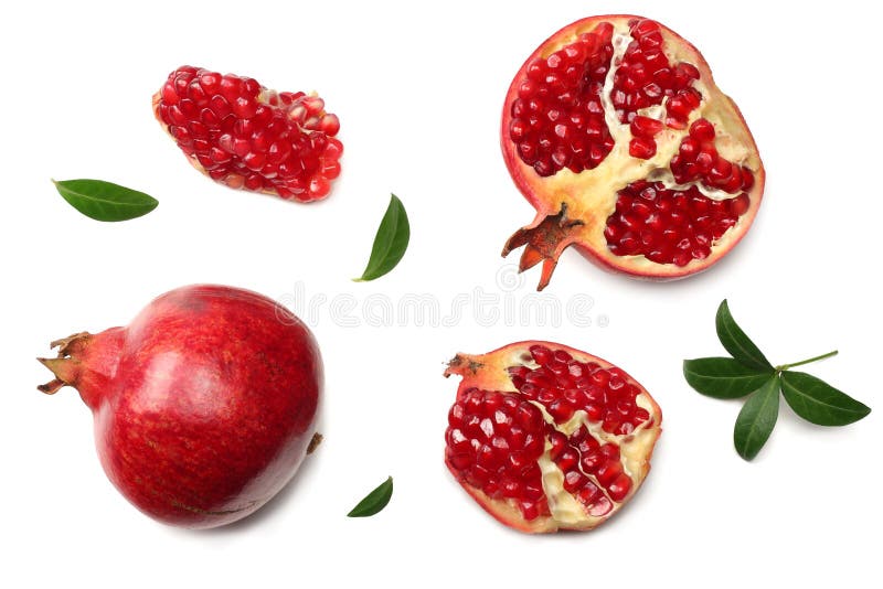 pomegranate fruit with green leaves isolated on a white background top view