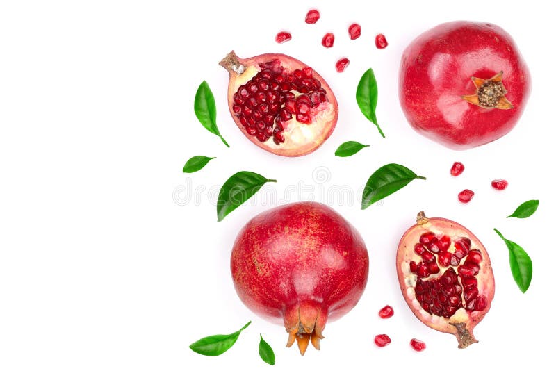 Pomegranate with leaves isolated on white background with copy space for your text. Top view. Flat lay pattern royalty free stock photo Pomegranate with leaves isolated on white background with copy space for your text. Top view. Flat lay pattern royalty free stock photo