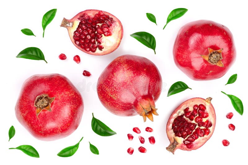 Pomegranate with leaves isolated on white background. Top view. Flat lay pattern stock image Pomegranate with leaves isolated on white background. Top view. Flat lay pattern stock image
