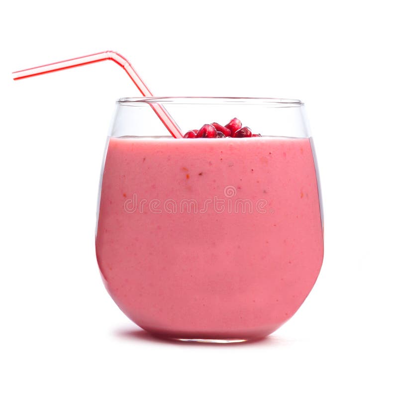 Pomegranate raspberry smoothie in a tumbler glass isolated