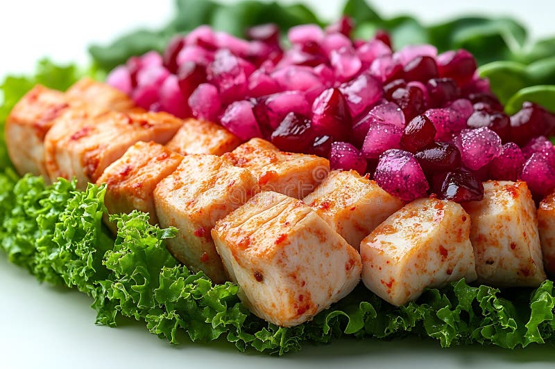 Pomegranatsalat mit scharfen Hühnerwürfeln stock abbildung