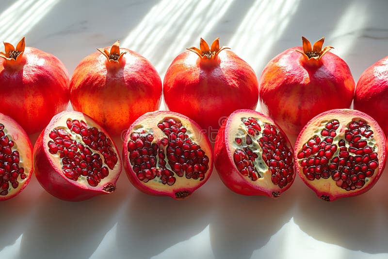 Pomegrane fresche mature con metà aperta che presentano semi rossi succosi su una superficie bianca illustrazione di stock