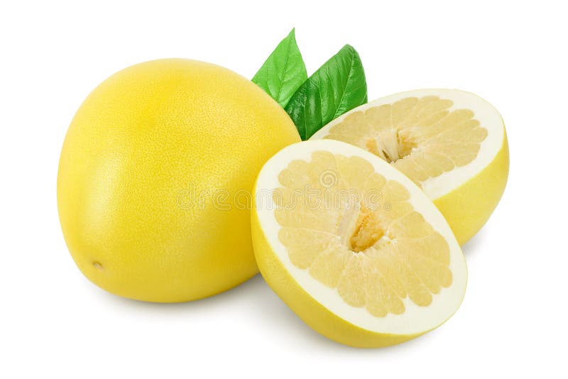 Pomelo with Half and Leaf Isolated on White Background Stock Photo