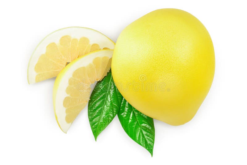 Pomelo with slice and leaf isolated on white background. Top view. Flat lay.