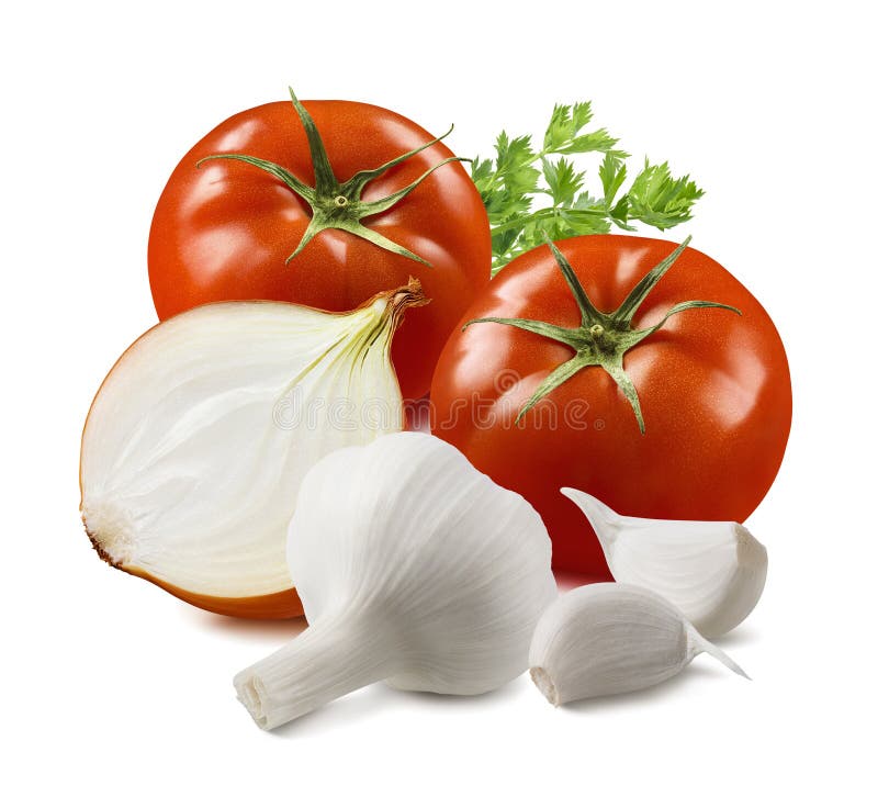 Pomidor, czosnek, cebula i ziele odizolowywający na białym tle