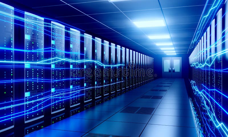 Pomieszczenie serwerowe/centrum danych 3D — pamięć masowa, koncepcja szybkiego Internetu ilustracji