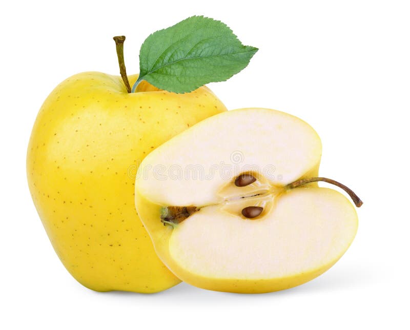 Pomme Jaune Avec Une Tranche Et Une Feuille Photo stock - Image du