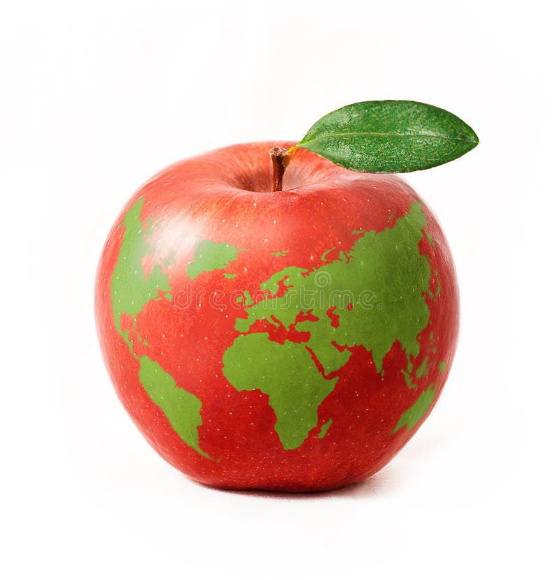 Pomme rouge avec la carte verte du monde, d'isolement sur le fond blanc photographie stock libre de droits Pomme rouge avec la carte verte du monde, d'isolement sur le fond blanc photographie stock libre de droits