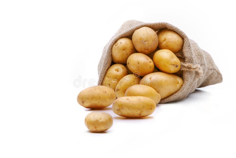 Pommes de terre dans un sac en tas isolé sur fond blanc photographie stock Pommes de terre dans un sac en tas isolé sur fond blanc photographie stock
