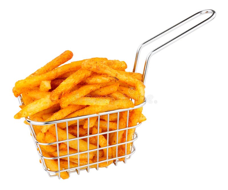Pommes-Frites in einem kleinen Draht, der Korb brät stockfotos Pommes-Frites in einem kleinen Draht, der Korb brät stockfotos