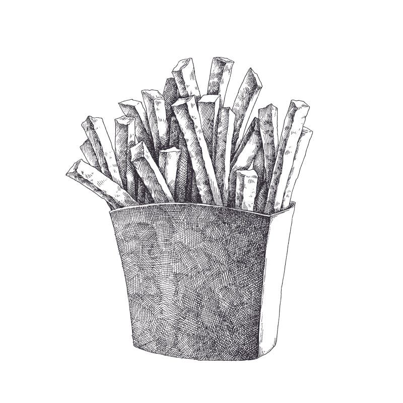 Pommes frites i lådaask Dragen illustration för vektor hand av fa royaltyfri illustrationer Pommes frites i lådaask Dragen illustration för vektor hand av fa royaltyfri illustrationer