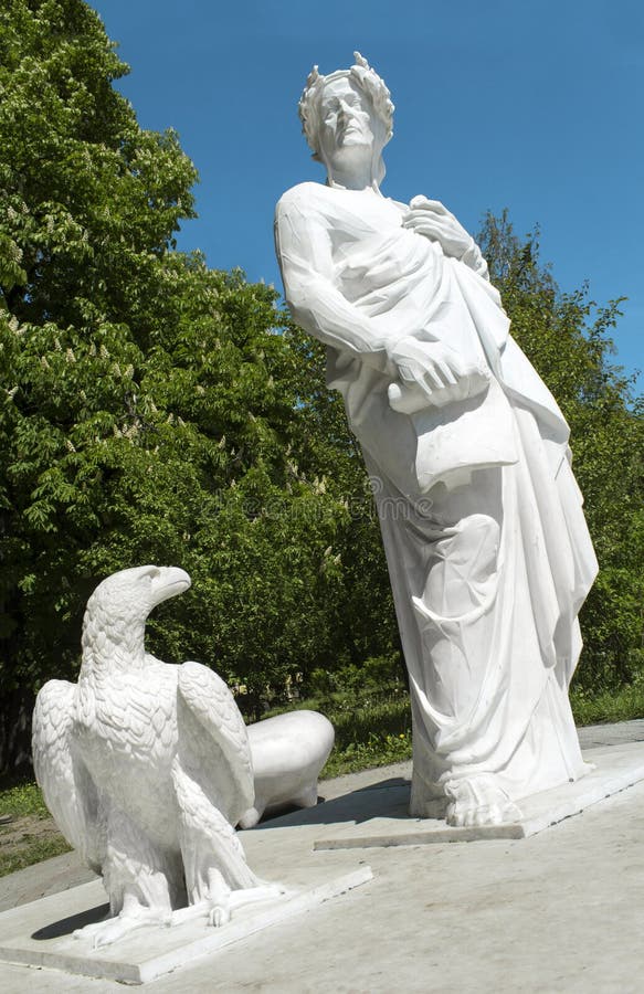 White marble monument to Dante Alighieri in the center of Kyiv. White marble monument to Dante Alighieri in the center of Kyiv