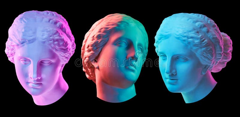 Pomnik venus de milo. kreatywna koncepcja kolorowy neon wizerunek ze starożytnym greckim żytem rzeźbiarskim lub głową afrodyty