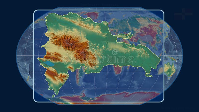Pomoc dominikana. kawrayski w centrum. Zoomedin widok konspektu dominicana z wierszami perspektywy na globalną mapę w projekcji kawrayskiego. kształt wyśrodkowany. mapa topograficzna