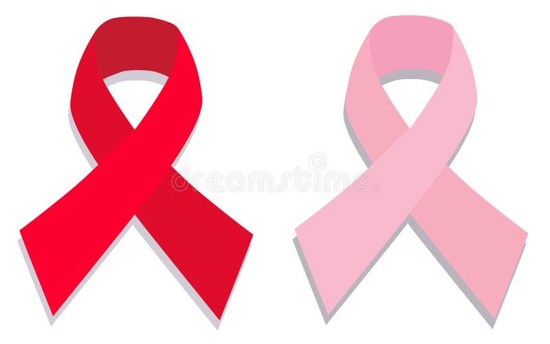 An image showing the aids red and pink breast cancer ribbons with a grey dropped shadow. An image showing the aids red and pink breast cancer ribbons with a grey dropped shadow