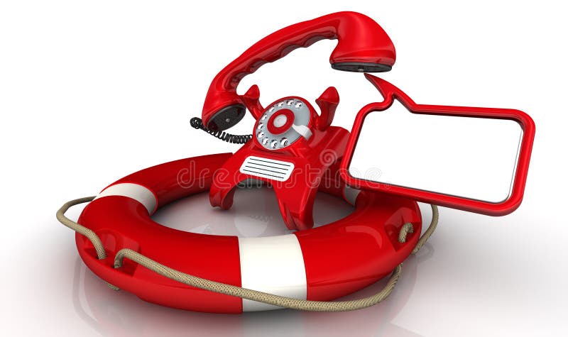 Vintage telephone in red standing on the lifebuoy with lifted handset and dialog cloud. Isolated. 3D Illustration. Vintage telephone in red standing on the lifebuoy with lifted handset and dialog cloud. Isolated. 3D Illustration