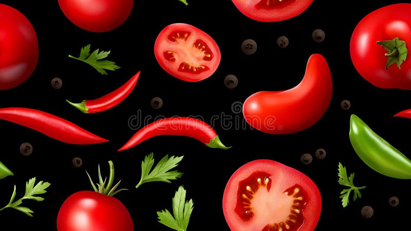 Pomodori freschi peperoncini vibranti e erbe aromatiche creano un vivace modello alimentare scuro che evoca l'eccitazione culinari illustrazione vettoriale