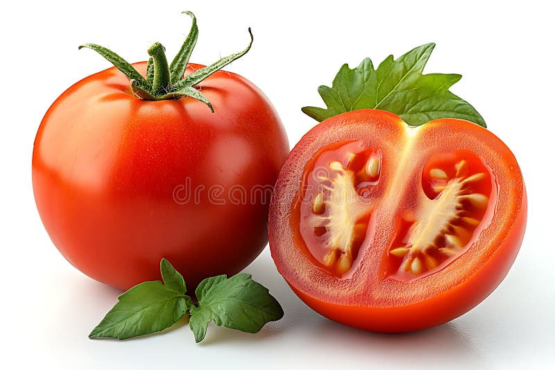 Pomodoro fresco a metà taglio con dettagli interni e foglie di basilico verde illustrazione di stock