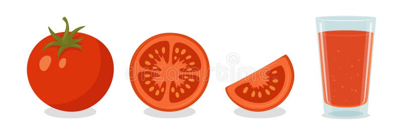 Pomodoro Vettoriale con pomodoro intero in fette di pomodoro e di succhi di Vetro. Icone piatte di ortaggi freschi per alimenti sa illustrazione vettoriale