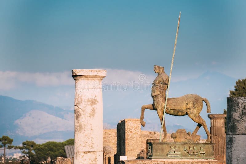 Pompeii, Italy. Statue of Centaur on Territory of Forum Stock Image