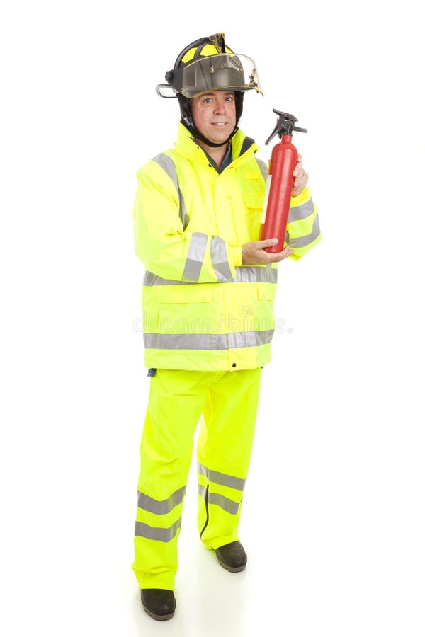 Fire fighter with fire extinguisher. Full body isolated on white. Fire fighter with fire extinguisher. Full body isolated on white.
