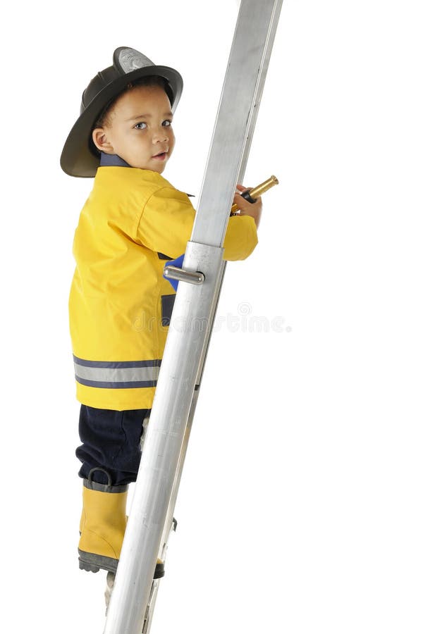An adorable preschool Fire Chief looking back at the viewer as he climbs a ladder with his fire hose. On a white background. An adorable preschool Fire Chief looking back at the viewer as he climbs a ladder with his fire hose. On a white background.