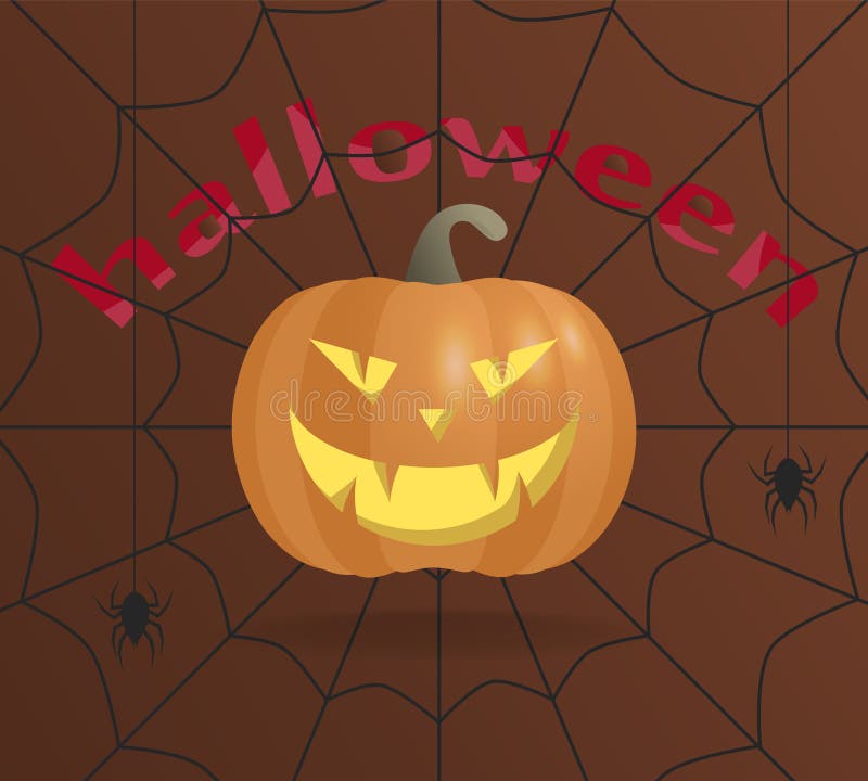 Pompoen voor Halloween Boze glimlach met hoektanden Op een bruine achtergrond met een spinneweb en spinnen royalty-vrije illustratie Pompoen voor Halloween Boze glimlach met hoektanden Op een bruine achtergrond met een spinneweb en spinnen royalty-vrije illustratie