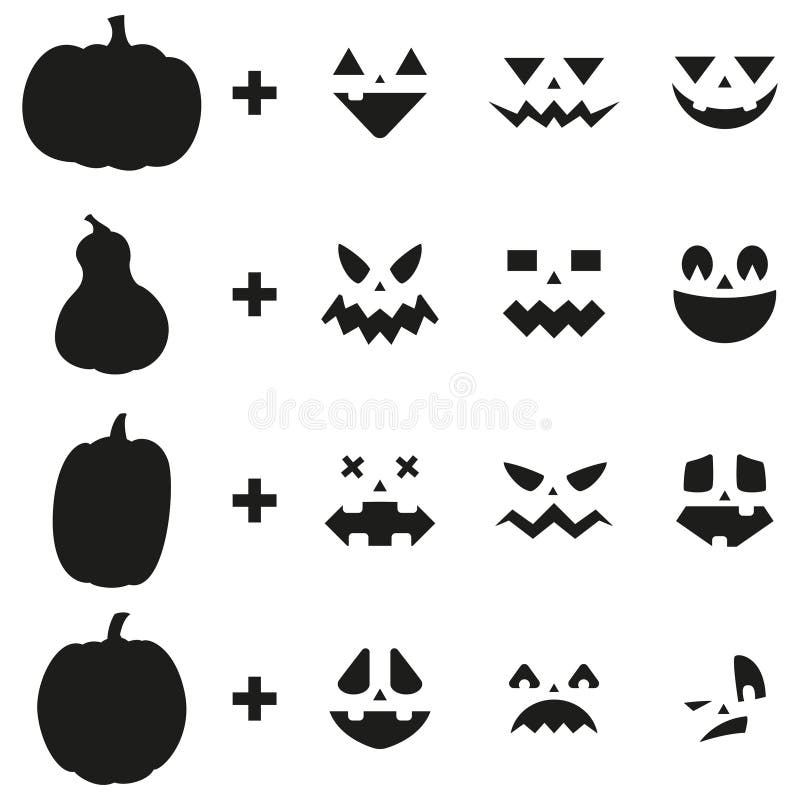 Pumpkin carving ideas jack o lantern face set. Vector design elements of emotion for Halloween. Black silhouette template for a laser or plotter cutting isolated on a white background. Pumpkin carving ideas jack o lantern face set. Vector design elements of emotion for Halloween. Black silhouette template for a laser or plotter cutting isolated on a white background