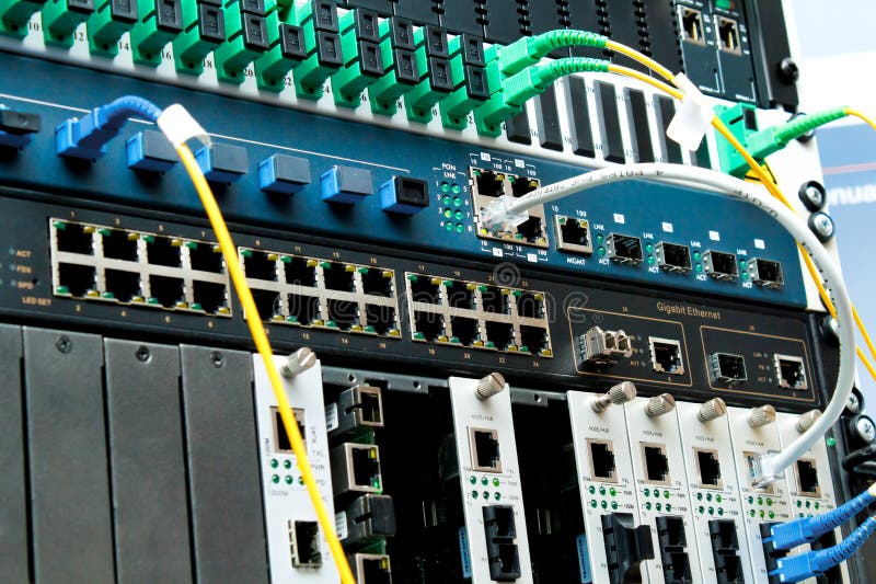 PON Technology center with fiber optic equipment stock photo PON Technology center with fiber optic equipment stock photo