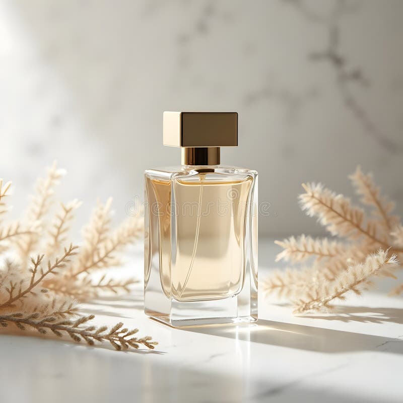 Ponadczasowa elegancja butelki perfum na białym marmurze ilustracji