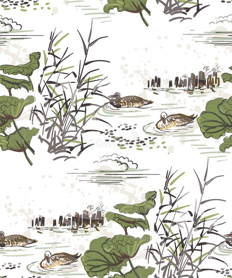 Pond ducks burdock nature landscape view vector japanese chinese oriental line art ink seamless pattern stock illustration Pond ducks burdock nature landscape view vector japanese chinese oriental line art ink seamless pattern stock illustration